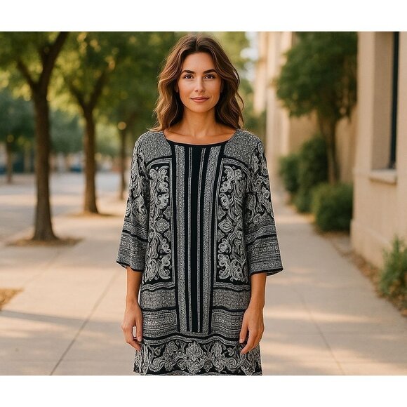 INC Black & White Print Bell Sleeve Shift Dress Size 1X 16 Plus Sz Classy Office - Picture 7 of 7